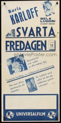 4y394 BLACK FRIDAY Swedish stolpe '40 mad scientist sci-fi, Boris Karloff & Bela Lugosi!