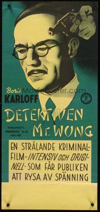 4y403 MR. WONG DETECTIVE Swedish stolpe '38 close up artwork of Asian Boris Karloff w/gun!