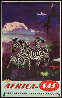 4y218 AFRICA BY SAS Danish travel poster '50s Otto Nielsen wildlife art of zebras!