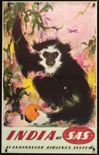 4y221 INDIA BY SAS Danish travel poster '50s wonderful Otto Nielsen art of monkey!