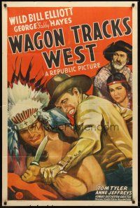 4y151 WAGON TRACKS WEST 1sh '43 cool artwork of Wild Bill Elliot vs. Indian, Gabby Hayes!