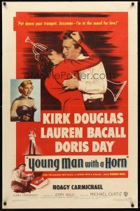 4y157 YOUNG MAN WITH A HORN 1sh '50 jazz man Kirk Douglas kisses sexy Lauren Bacall + Doris Day!