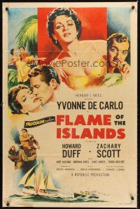 4z319 FLAME OF THE ISLANDS 1sh '55 Yvonne De Carlo kissing Howard Duff & in sexy dress!