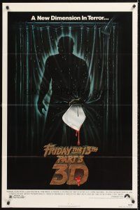 4z334 FRIDAY THE 13th PART 3 - 3D 1sh '82 slasher sequel, art of Jason stabbing through shower!