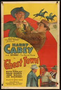 4z356 GHOST TOWN 1sh '36 stone litho artwork of cowboy Harry Carey in western action!