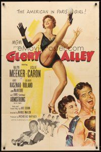 4z363 GLORY ALLEY 1sh '52 boxer Ralph Meeker, sexy Leslie Caron, Louis Armstrong playing trumpet!