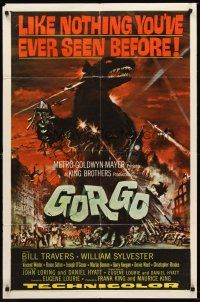 4z372 GORGO 1sh '61 great artwork of giant monster terrorizing city by Joseph Smith!