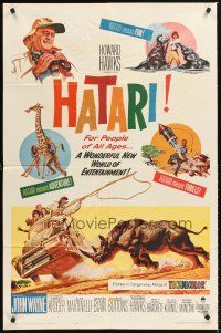 4z398 HATARI 1sh '62 Howard Hawks, great artwork images of John Wayne in Africa!