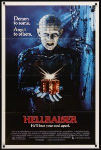 4z415 HELLRAISER 1sh '87 Clive Barker horror, great image of Pinhead, he'll tear your soul apart!