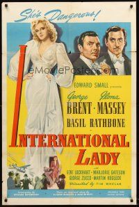 4z454 INTERNATIONAL LADY 1sh '41 George Brent, Basil Rathbone, sexy Ilona Massey is dangerous!