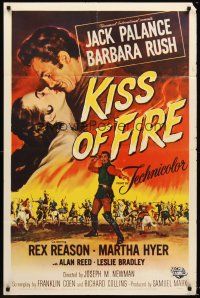 4z486 KISS OF FIRE 1sh '55 romantic art of Jack Palance as El Tigre & sexy Barbara Rush!