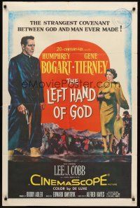 4z507 LEFT HAND OF GOD 1sh '55 artwork of priest Humphrey Bogart holding gun + sexy Gene Tierney!