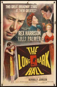 4z524 LONG DARK HALL 1sh '51 Rex Harrison & Lilli Palmer, Broadway stars at their greatest!