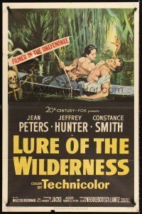 4z537 LURE OF THE WILDERNESS 1sh '52 art of sexy Jean Peters holding wounded Jeff Hunter in swamp!