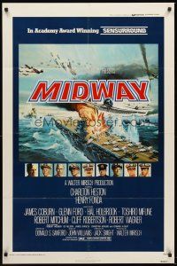 4z568 MIDWAY 1sh '76 Charlton Heston, Henry Fonda, dramatic naval battle art!