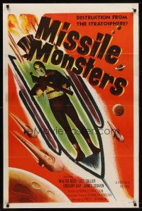 4z574 MISSILE MONSTERS 1sh '58 aliens bring destruction from the stratosphere, wacky sci-fi art!