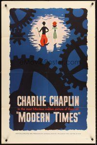 4z577 MODERN TIMES 1sh R59 great artwork of Charlie Chaplin with gears!