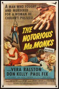 4z621 NOTORIOUS MR. MONKS 1sh '58 a man who fought and murdered for a woman he couldn't possess!