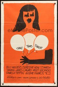 4z633 ONE, TWO, THREE 1sh '62 Billy Wilder, wonderful Saul Bass art of girl with balloons!