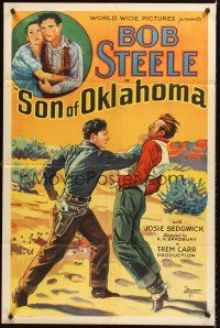 4z790 SON OF OKLAHOMA 1sh '32 great stone litho art of Bob Steele punching out bad guy!
