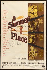 4z820 SUMMER PLACE signed 1sh '59 by Troy Donahue, pictured w/Sandra Dee in young lovers classic!