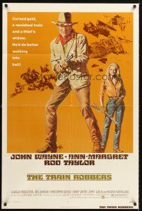 4z904 TRAIN ROBBERS 1sh '73 great full-length art of cowboy John Wayne & Ann-Margret!