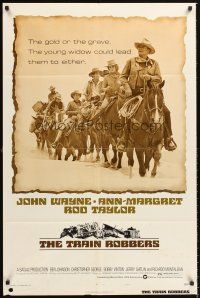 4z905 TRAIN ROBBERS style B 1sh '73 John Wayne & Ann-Margret ride with men through desert!