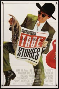 4z914 TRUE STORIES style B 1sh '86 giant image of star & director David Byrne reading newspaper!