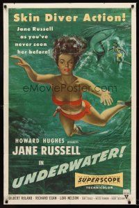4z924 UNDERWATER 1sh '55 Howard Hughes, sexiest artwork of skin diver Jane Russell!