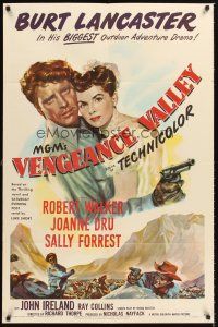 4z931 VENGEANCE VALLEY 1sh '51 art of Burt Lancaster holding Joanne Dru & pointing gun!