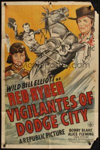 4z940 VIGILANTES OF DODGE CITY 1sh '44 art of Bill Elliott on horse & Native American Bobby Blake!