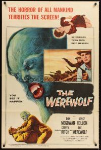 4z957 WEREWOLF 1sh '56 two great wolf-man horror images, it happens before your horrified eyes!