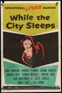 4z961 WHILE THE CITY SLEEPS style A 1sh '56 great image of Lipstick Killer's victim, Fritz Lang!