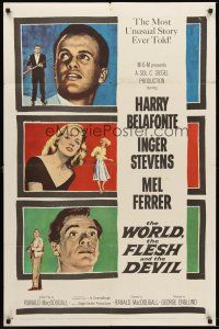 4z986 WORLD, THE FLESH & THE DEVIL 1sh '59 Inger Stevens between Harry Belafonte & Mel Ferrer!