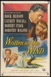 4z987 WRITTEN ON THE WIND 1sh '56 Brown art of sexy Lauren Bacall with Rock Hudson & Robert Stack!