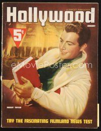 5b122 HOLLYWOOD magazine January 1938 artwork of Robert Taylor reading book by fireplace!