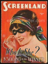 5b108 SCREENLAND magazine February 1929 wonderful art of masked mystery woman by Georgia Warren!