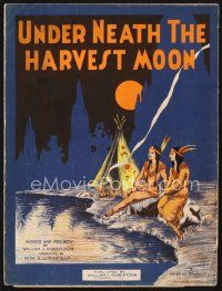 5b288 UNDER NEATH THE HARVEST MOON sheet music '22 cool art of Native American Indians by lake!