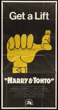 5c603 HARRY & TONTO 3sh '74 Paul Mazursky, wonderful art of cat sitting on giant thumb!