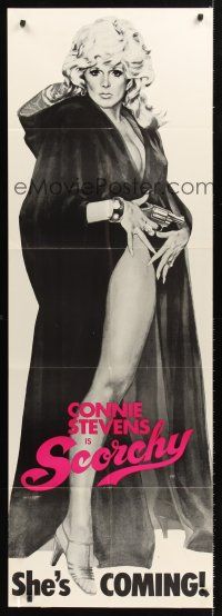 5c034 SCORCHY door panel '76 sexy barely-dressed Connie Stevens in black cape, she's coming!