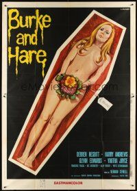 5c075 BURKE & HARE Italian 2p '73 wild Luca Crovato art of naked blonde in casket with price tag!
