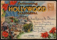 5d201 HOLLYWOOD CALIFORNIA post card '30s really cool fold-out w/many landmarks pictured!