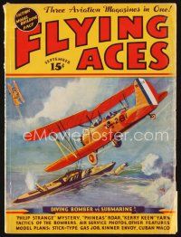 5e137 FLYING ACES magazine September 1936 art of diving bomber vs submarine by Leo Morey!