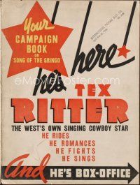 5e392 SONG OF THE GRINGO pressbook '36 cowboy Tex Ritter rides, romances, fights & sings!