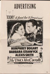 5e408 TWO MRS. CARROLLS pressbook '47 Humphrey Bogart, Barbara Stanwyck & Alexis Smith!