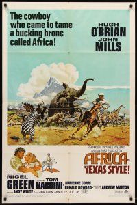 5f185 AFRICA - TEXAS STYLE 1sh '67 art of Hugh O'Brien roping zebra by stampeding animals!