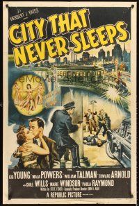 5f273 CITY THAT NEVER SLEEPS 1sh '53 great art of gunfight under elevated train in Chicago!