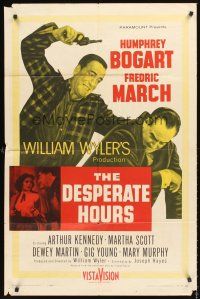 5f325 DESPERATE HOURS 1sh '55 Humphrey Bogart attacks Fredric March from behind, William Wyler