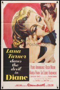 5f332 DIANE 1sh '56 sexy Lana Turner dares the devil, great close up romantic artwork!