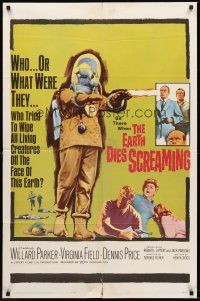 5f359 EARTH DIES SCREAMING 1sh '64 Terence Fisher sci-fi, wacky monster, who or what were they?
